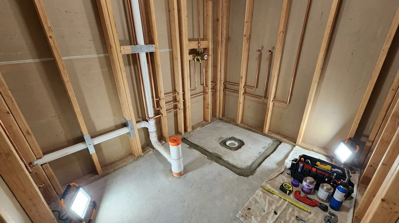 Bathroom rough-in plumbing during remodel by Johns Plumbing LLC in Sackets Harbor