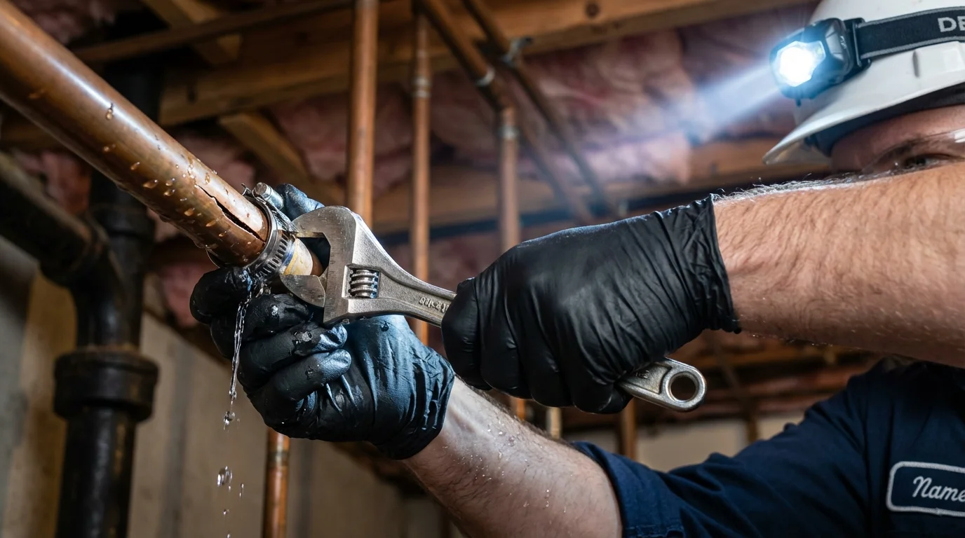 Emergency pipe clamp repair being performed by a Johns Plumbing LLC plumber in Sackets Harbor