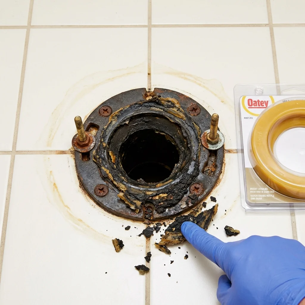 Failed wax ring showing water seepage at the base of a toilet in a Sackets Harbor, NY home