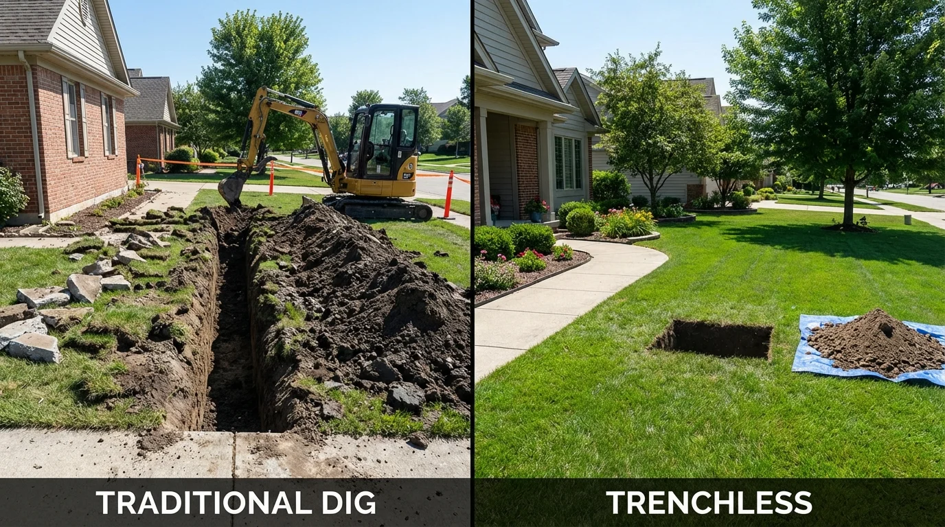 Trenchless sewer repair with minimal yard damage versus traditional excavation in Sackets Harbor, NY